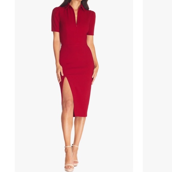 gloria front zip sheath dress dress the population Gloria Dress S / BRIGHT FUCHSIA